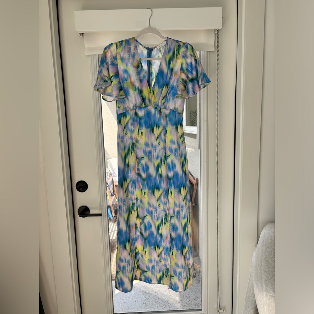 WORN ONCE! Topshop v-neck angel sleeve midi dress in multi - Picture 3 of 5